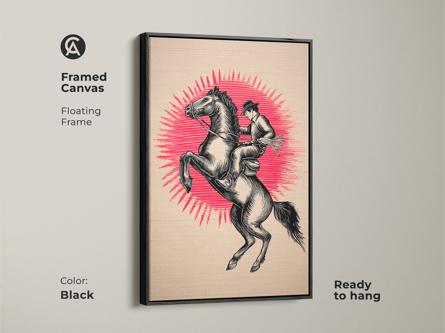 Framed canvas showcases the floating frame. The color is black. This ready to hang artwork shows a cowboy riding a rearing horse. It is a vintage cowboy poster and rustic black beige artwork. It is Americana wall decor.