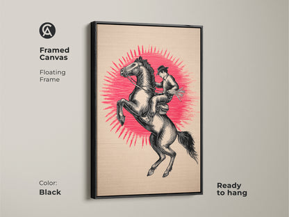 Framed canvas showcases the floating frame. The color is black. This ready to hang artwork shows a cowboy riding a rearing horse. It is a vintage cowboy poster and rustic black beige artwork. It is Americana wall decor.