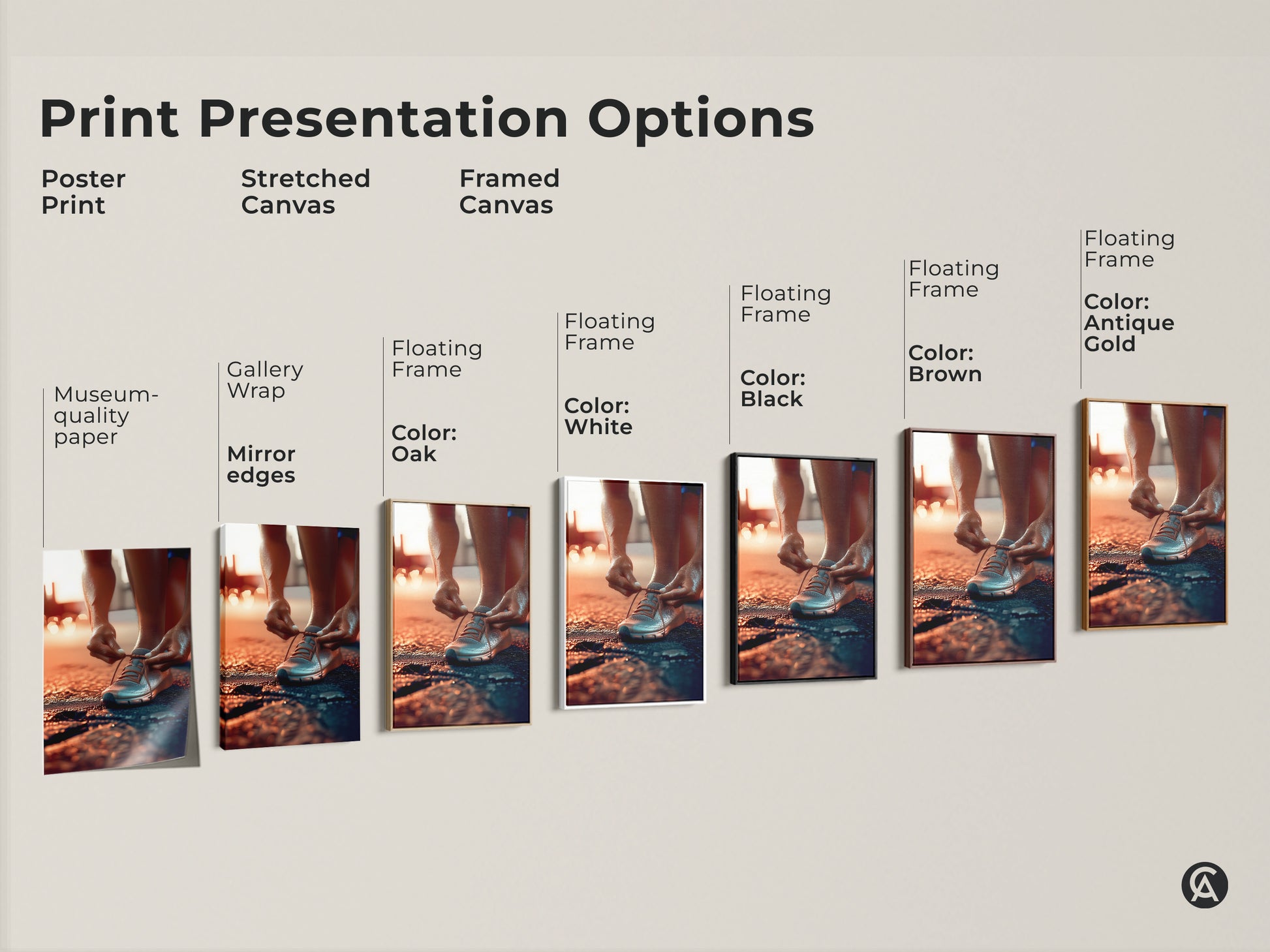 Print presentation options for fitness motivation art. Choose from poster stretched or framed canvas. Options include gallery wrap mirror edges and floating frames. Colors range from black brown antique gold and white.