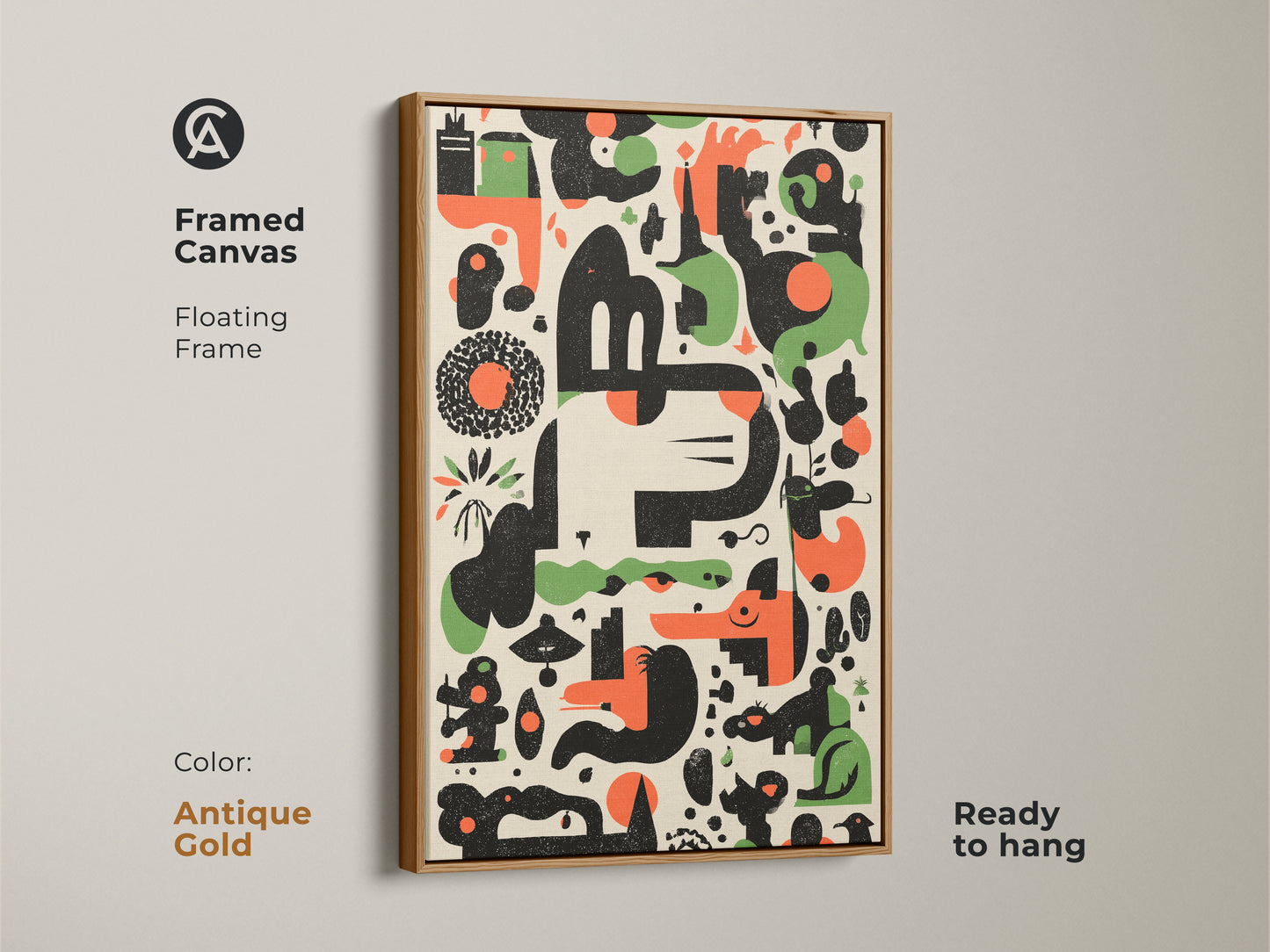 Antique Gold Framed Canvas Print of Abstract Geometric Artwork. This Mid-Century Modern art features an Orange Green Black Animal Motif. Ready to hang with a floating frame. Ideal for office or home decor adding a retro touch.