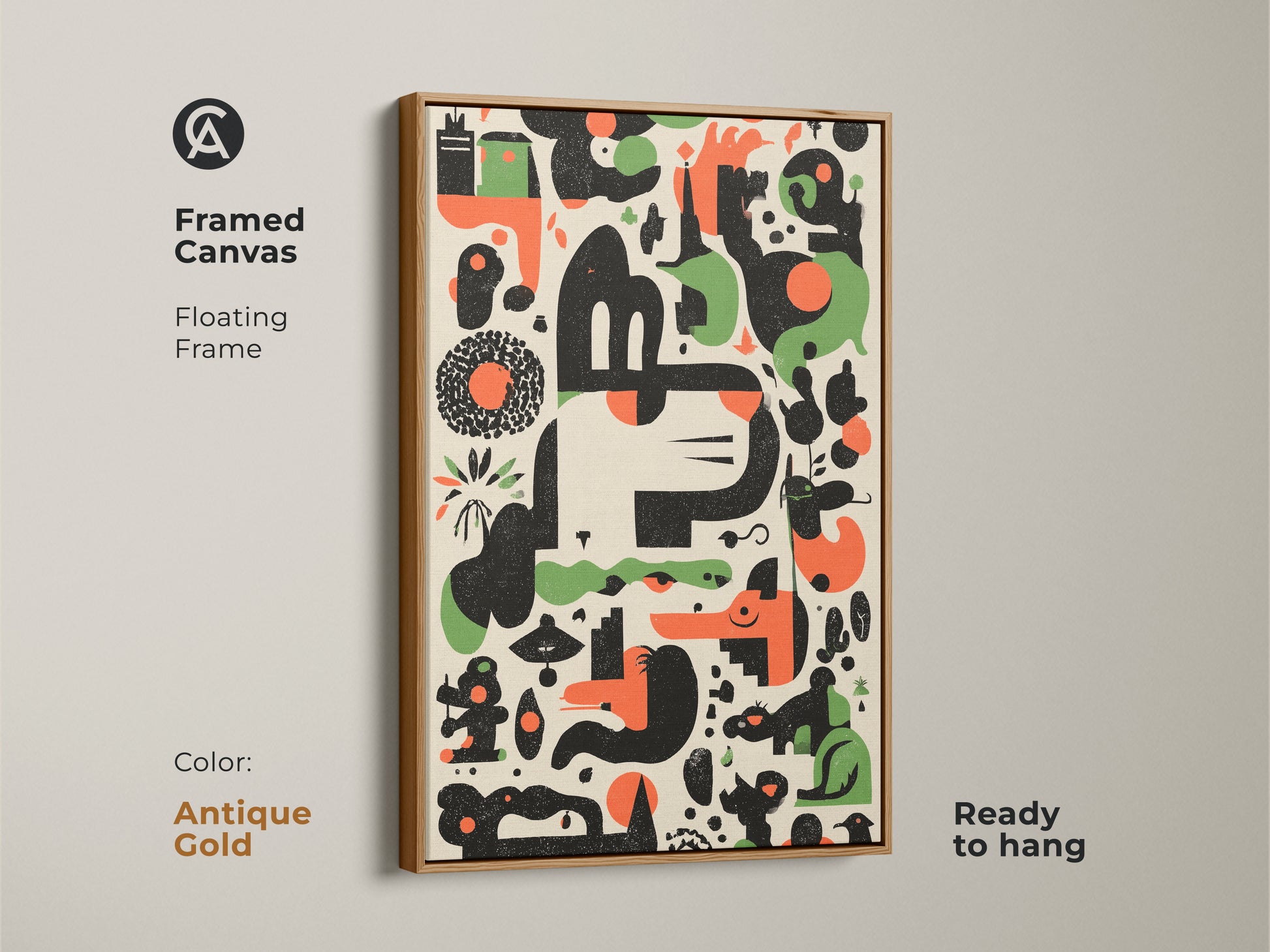 Antique Gold Framed Canvas Print of Abstract Geometric Artwork. This Mid-Century Modern art features an Orange Green Black Animal Motif. Ready to hang with a floating frame. Ideal for office or home decor adding a retro touch.