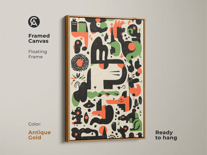 Antique Gold Framed Canvas Print of Abstract Geometric Artwork. This Mid-Century Modern art features an Orange Green Black Animal Motif. Ready to hang with a floating frame. Ideal for office or home decor adding a retro touch.