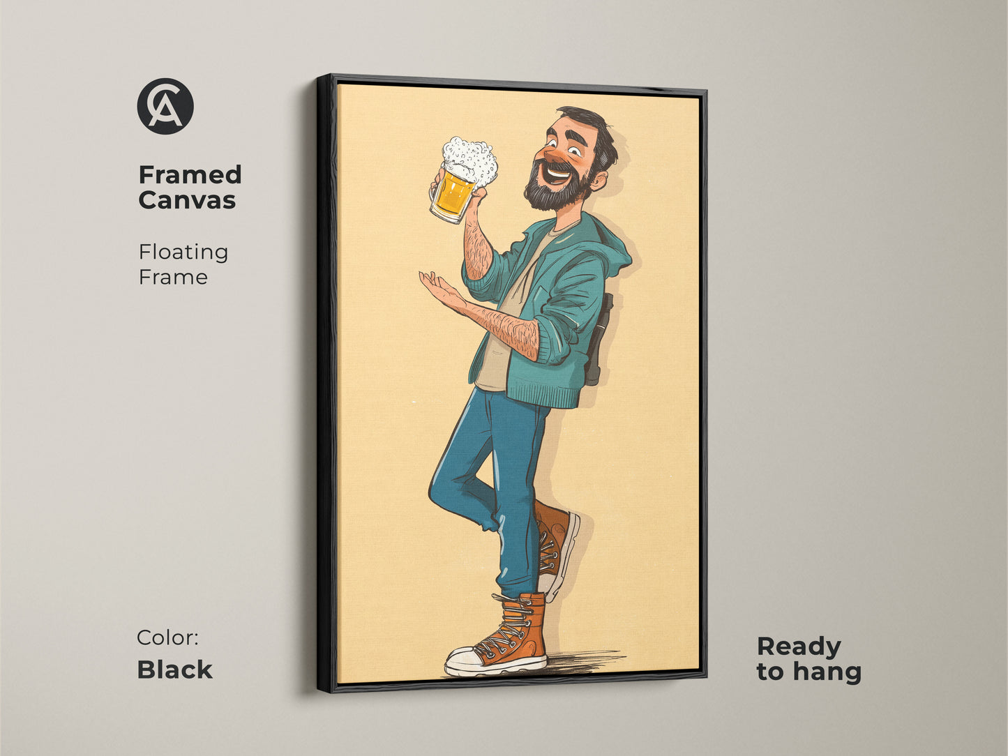 Framed canvas art showcasing a man enjoying his beer. This floating frame in black is ready to hang. It is the perfect Father's Day gift for dad. The cartoon art brings a fun touch to any room. The art is ideal as bar and brewery wall decor. Enjoy the yellow orange teal colors.