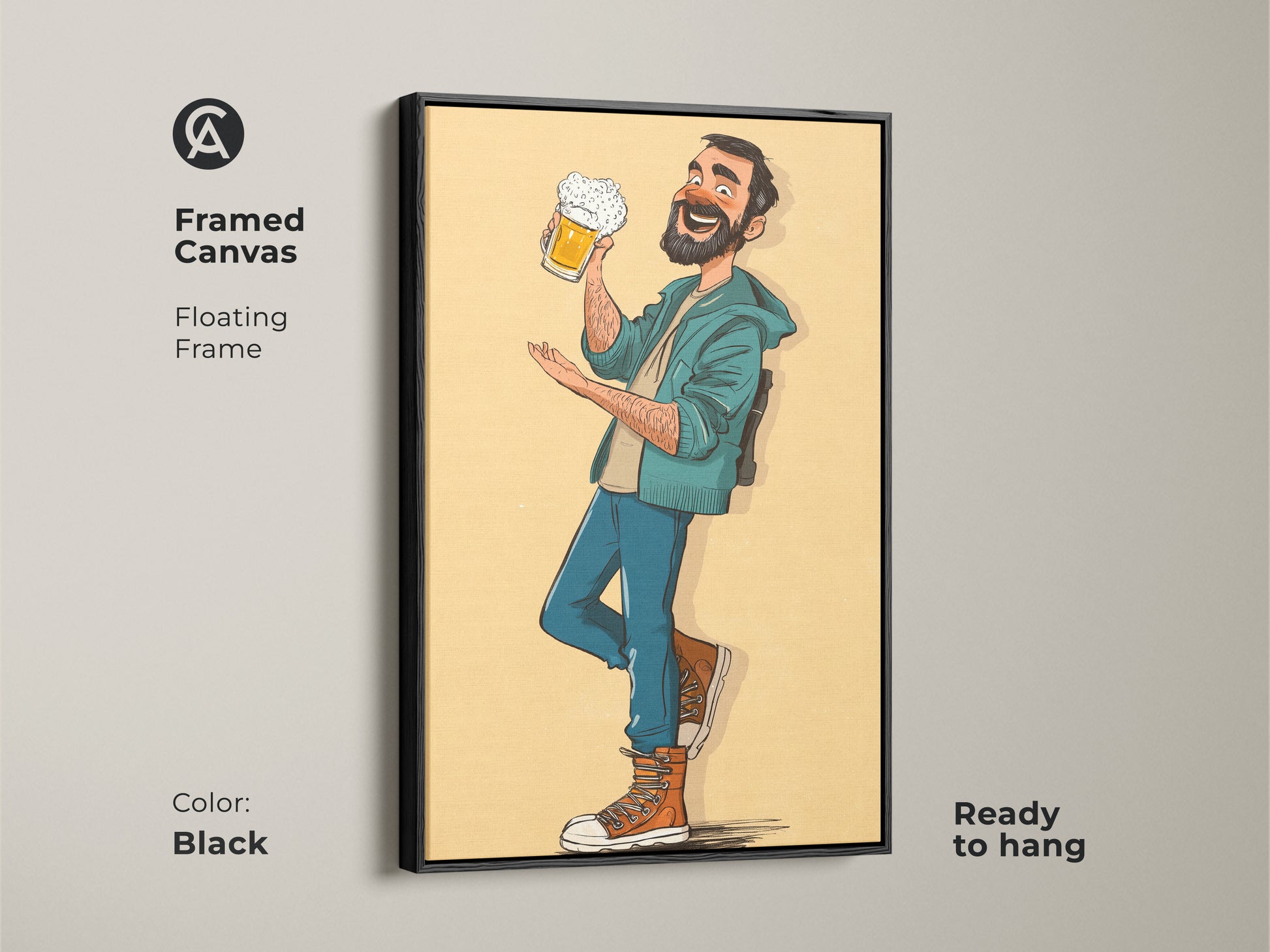 Framed canvas art showcasing a man enjoying his beer. This floating frame in black is ready to hang. It is the perfect Father's Day gift for dad. The cartoon art brings a fun touch to any room. The art is ideal as bar and brewery wall decor. Enjoy the yellow orange teal colors.
