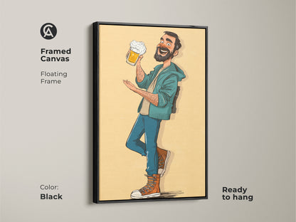 Framed canvas art showcasing a man enjoying his beer. This floating frame in black is ready to hang. It is the perfect Father's Day gift for dad. The cartoon art brings a fun touch to any room. The art is ideal as bar and brewery wall decor. Enjoy the yellow orange teal colors.