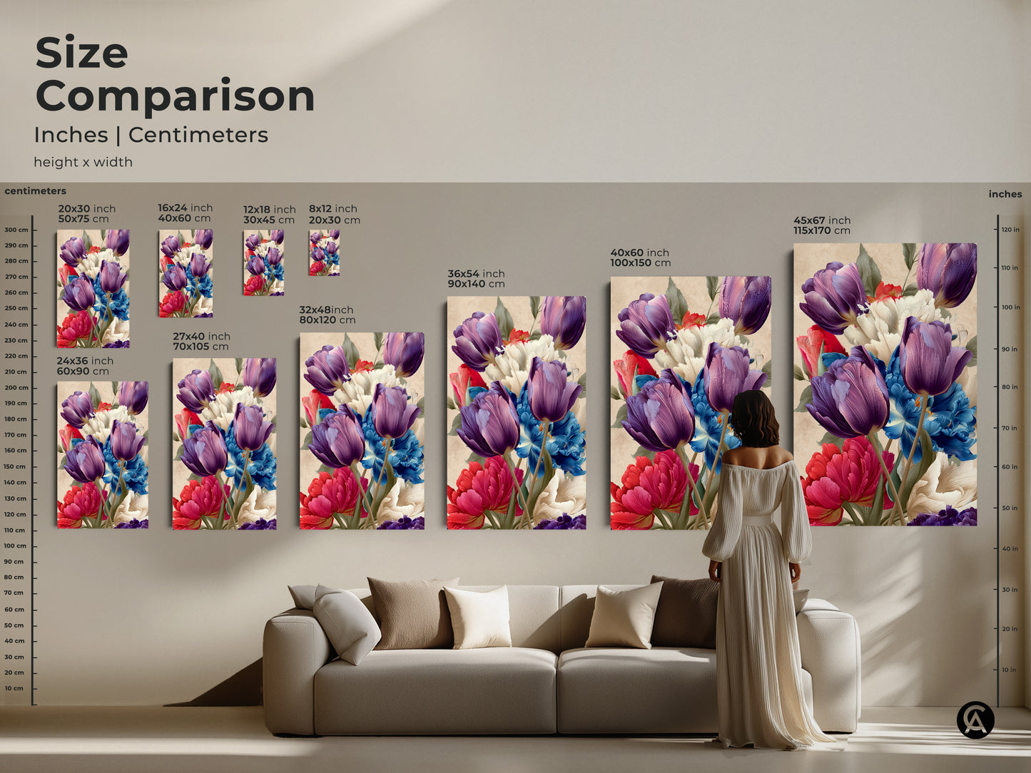 Size comparison of botanical canvas artwork print featuring purple tulips and blue peonies. Displayed in various sizes above a sofa in inches and centimeters. Choose the perfect size for your living space with this eclectic home decor.