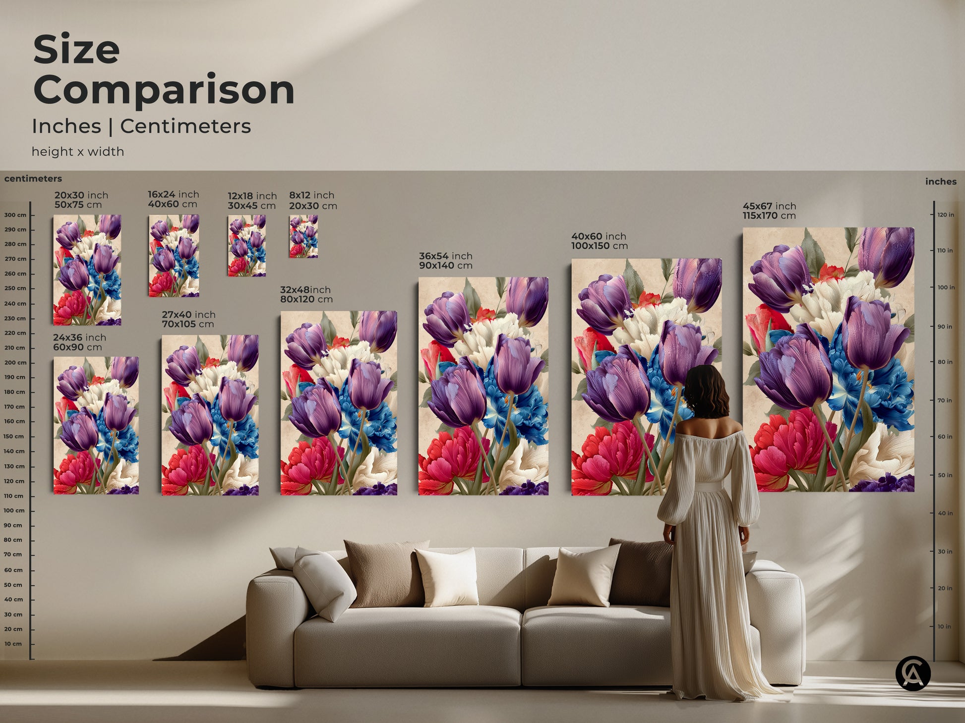 Size comparison of botanical canvas artwork print featuring purple tulips and blue peonies. Displayed in various sizes above a sofa in inches and centimeters. Choose the perfect size for your living space with this eclectic home decor.