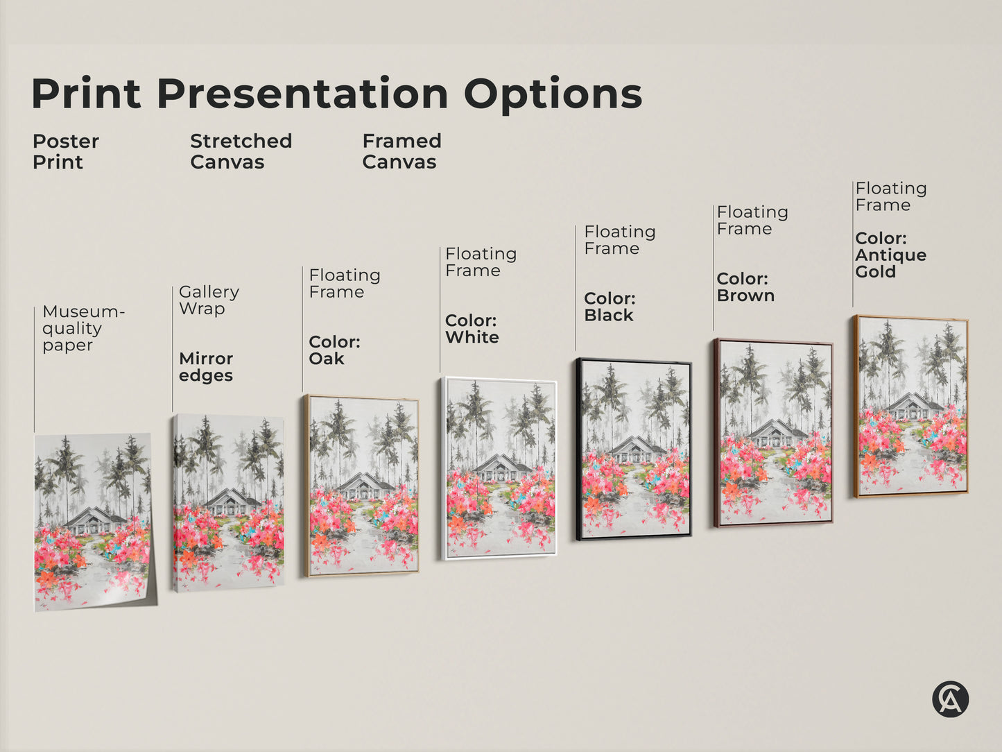 Explore print options for this charming house and pine trees artwork. Choose from poster stretched or framed canvas. Find the perfect presentation for your farmhouse entry hall decor. Enjoy museum-quality edges and various floating frame colors.
