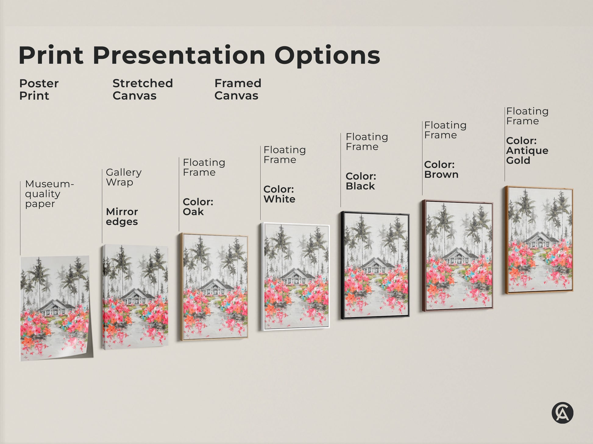 Explore print options for this charming house and pine trees artwork. Choose from poster stretched or framed canvas. Find the perfect presentation for your farmhouse entry hall decor. Enjoy museum-quality edges and various floating frame colors.
