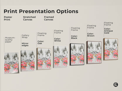 Explore print options for this charming house and pine trees artwork. Choose from poster stretched or framed canvas. Find the perfect presentation for your farmhouse entry hall decor. Enjoy museum-quality edges and various floating frame colors.