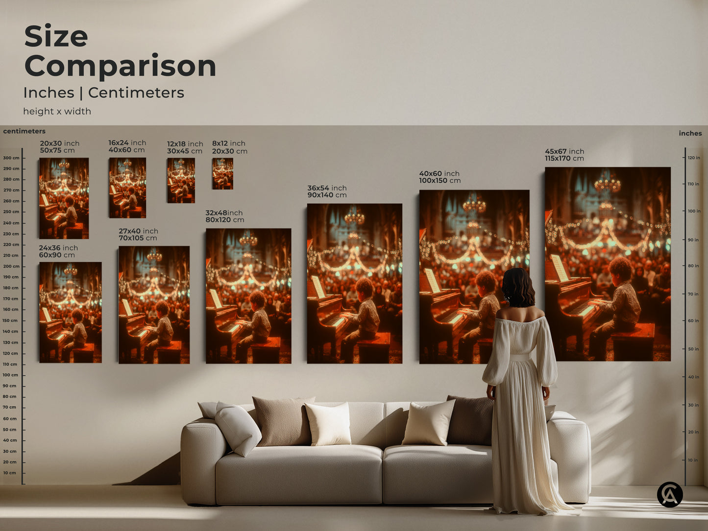 Compare sizes of this artwork featuring a young boy playing piano. Visualize how each size fits in your living space. We offer options from small prints to large statement pieces. Transform your home decor today.