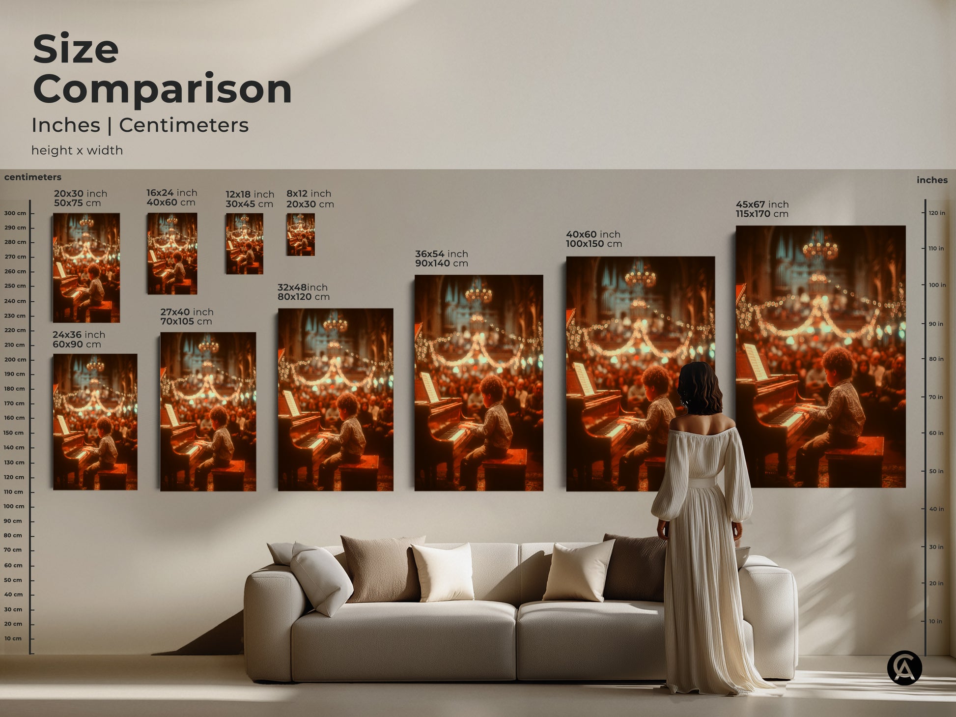 Compare sizes of this artwork featuring a young boy playing piano. Visualize how each size fits in your living space. We offer options from small prints to large statement pieces. Transform your home decor today.