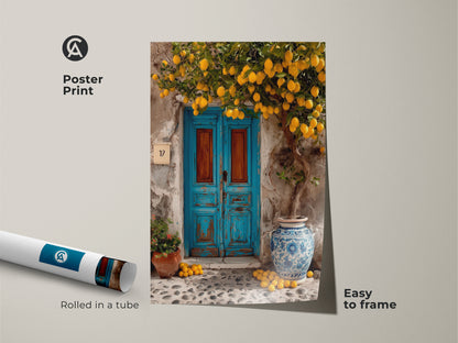 Poster print of a Mediterranean lemon tree with a rustic blue door. This easy-to-frame wall art is rolled in a tube for protection. The sunny yellow and orange colors brighten any room. It makes a great travel gift for lovers of boho kitchen decor.