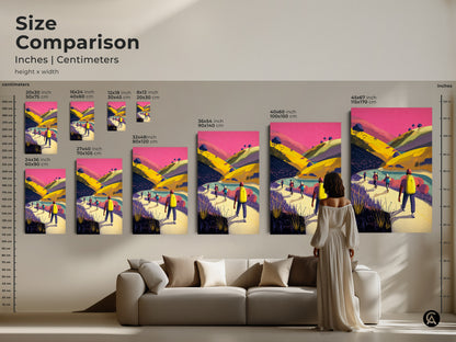 Size comparison of mountain landscape art with hikers. Various sizes are displayed above a sofa to show scale. Options include 16x24 inch 36x54 inch and 45x67 inch. Perfect adventure travel print for adding scenic nature decor to your living room bedroom or home office. A great gift for mountain lovers.