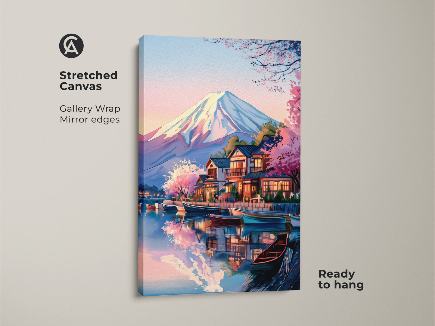 Stretched canvas displaying Mount Fuji art print. It features a Ukiyo-e inspired Japanese landscape with cherry blossoms. This ready-to-hang japanese landscape wall art brings Japandi style to your living room. The gallery wrap has mirrored edges to enhance this travel destination art.