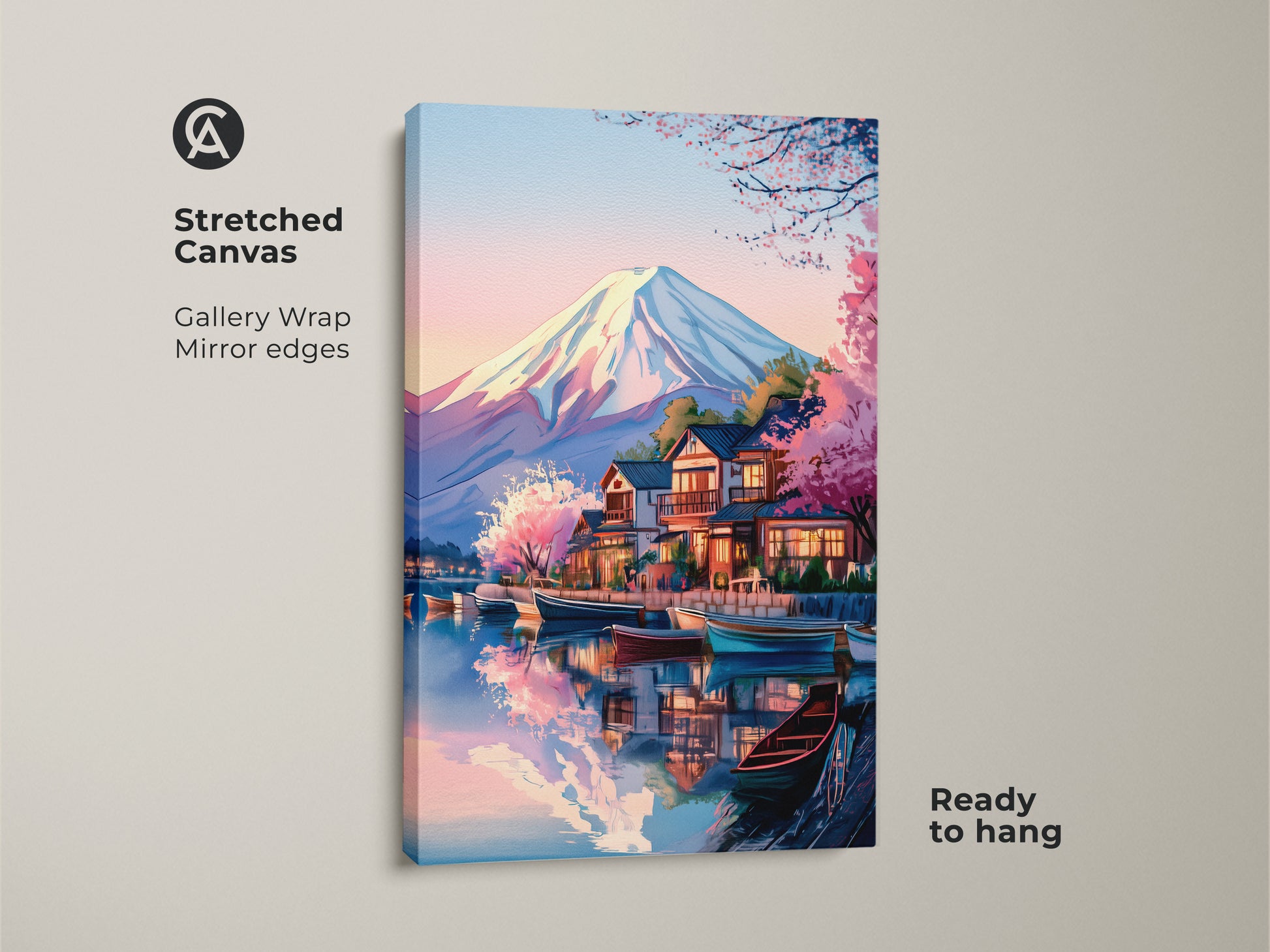 Stretched canvas displaying Mount Fuji art print. It features a Ukiyo-e inspired Japanese landscape with cherry blossoms. This ready-to-hang japanese landscape wall art brings Japandi style to your living room. The gallery wrap has mirrored edges to enhance this travel destination art.