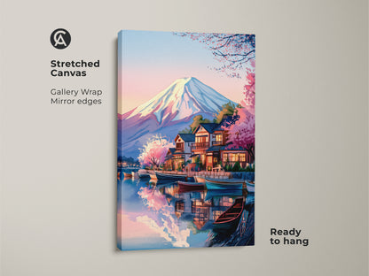 Stretched canvas displaying Mount Fuji art print. It features a Ukiyo-e inspired Japanese landscape with cherry blossoms. This ready-to-hang japanese landscape wall art brings Japandi style to your living room. The gallery wrap has mirrored edges to enhance this travel destination art.