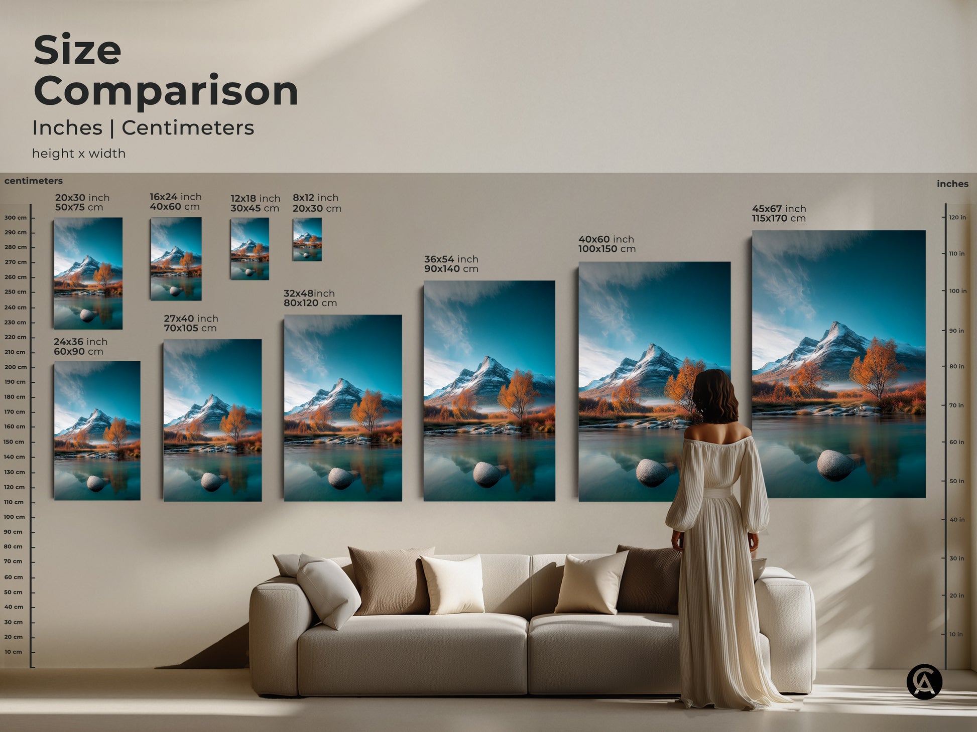 Size comparison shows various dimensions of the mountain river art print. See how the canvas artwork fits above a sofa in inches and centimeters. Choose the perfect size for your space.