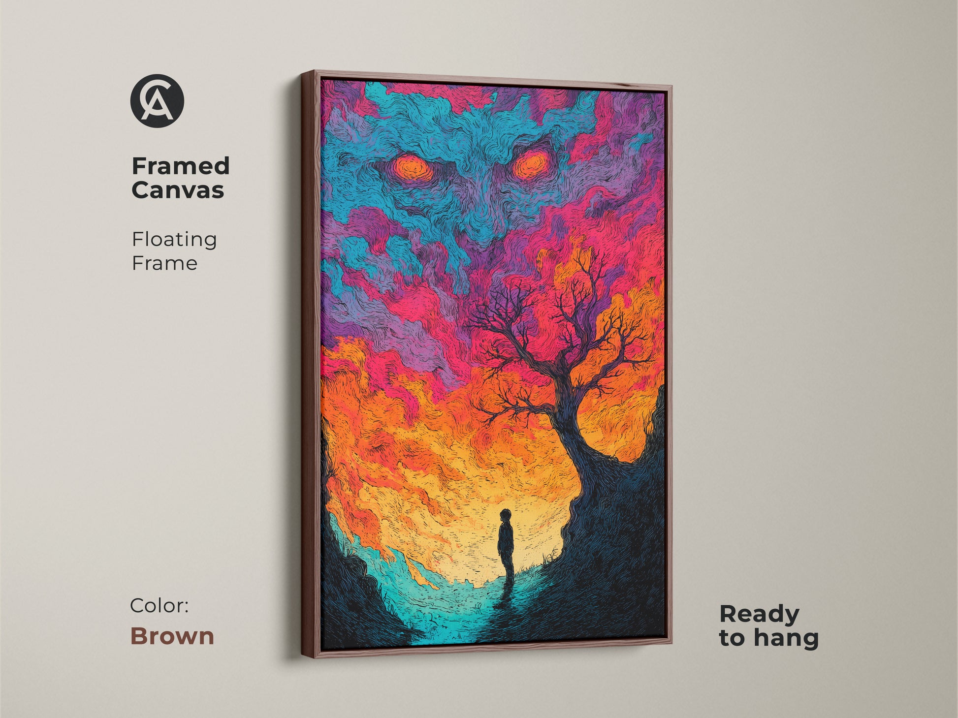 This framed canvas features a mesmerizing artwork. A lone figure is under a sky monster. The floating frame adds depth. The warm brown frame complements the art's vibrant colors. Ready to hang this piece brings a touch of fantasy to your decor. Get yours now.