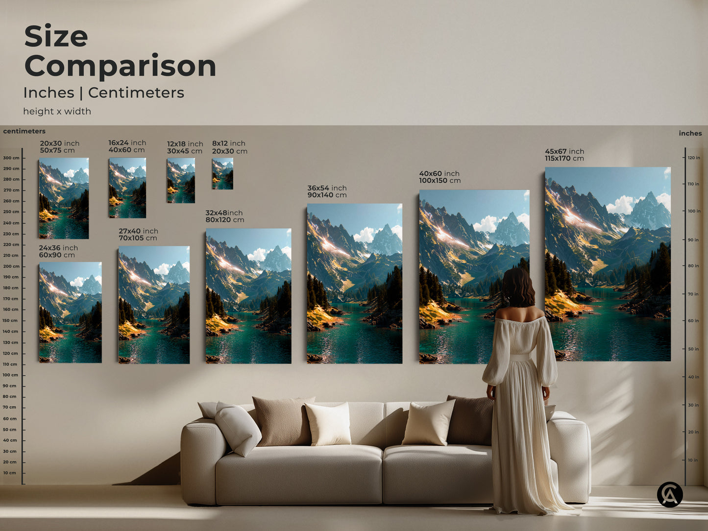 Size comparison of mountain landscape art. See inches and centimeters. Compare various sizes and visualize the artwork in your space. Find the perfect canvas or poster print. Transform your decor!