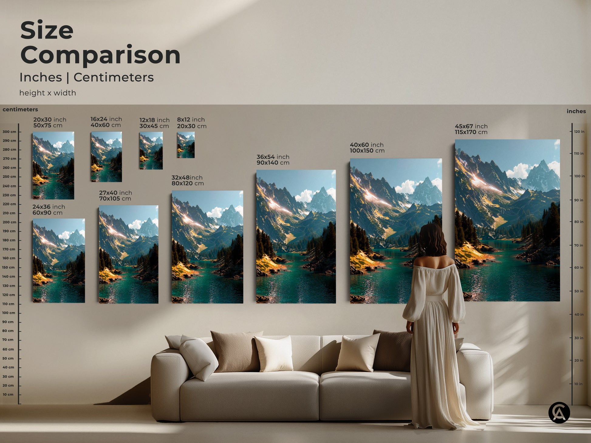 Size comparison of mountain landscape art. See inches and centimeters. Compare various sizes and visualize the artwork in your space. Find the perfect canvas or poster print. Transform your decor!