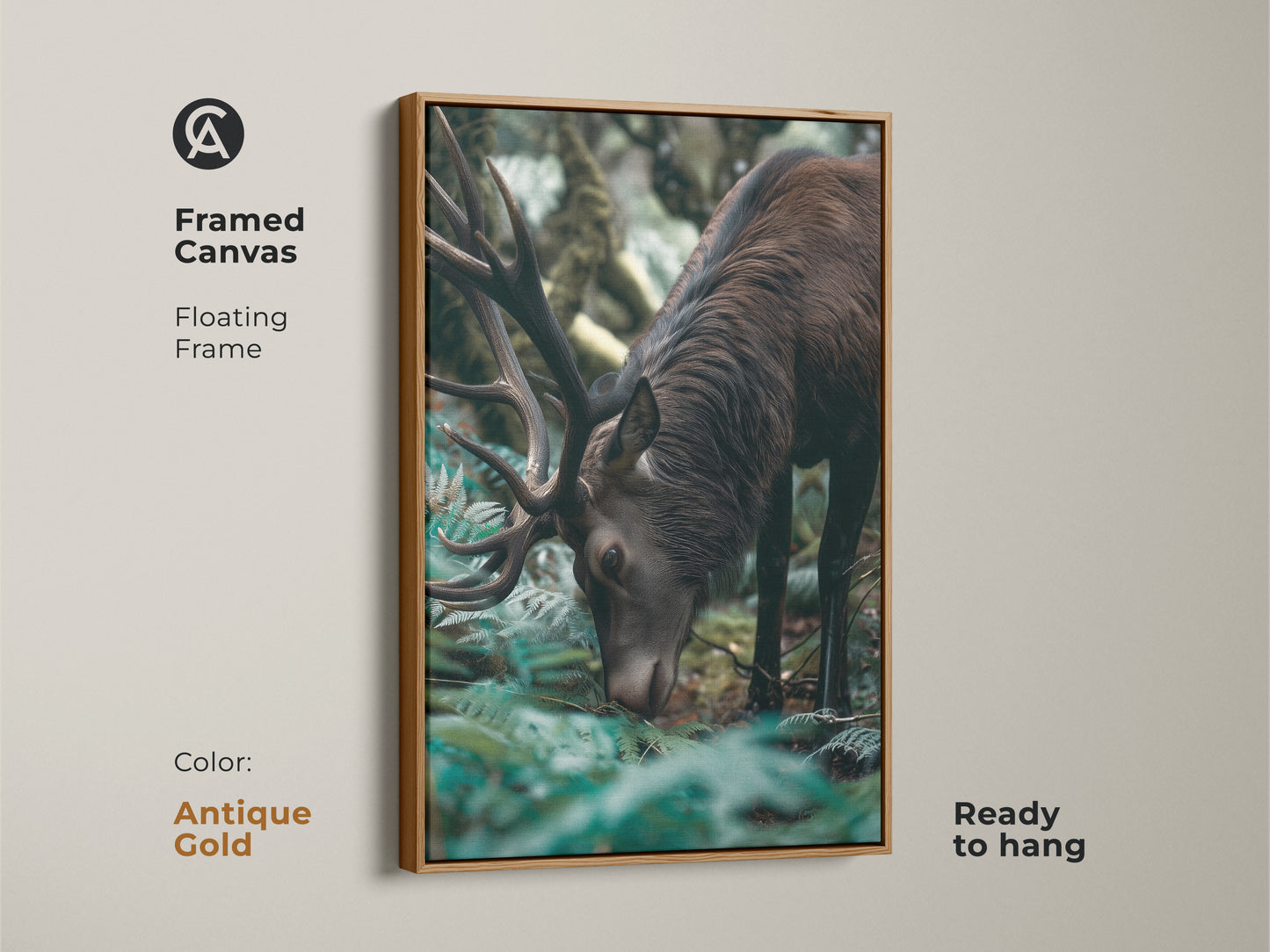 Antique gold framed canvas print of an elk. This rustic artwork captures a deer in its natural habitat. The forest green and brown tones create a moody nature art piece. Perfect for home or office.