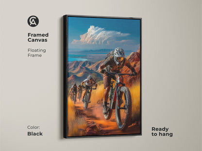 Framed black canvas floating frame shows mountain biking art. This digital art for the office captures the thrill of trail riding art. Ready to hang sports theme decor for cyclists.