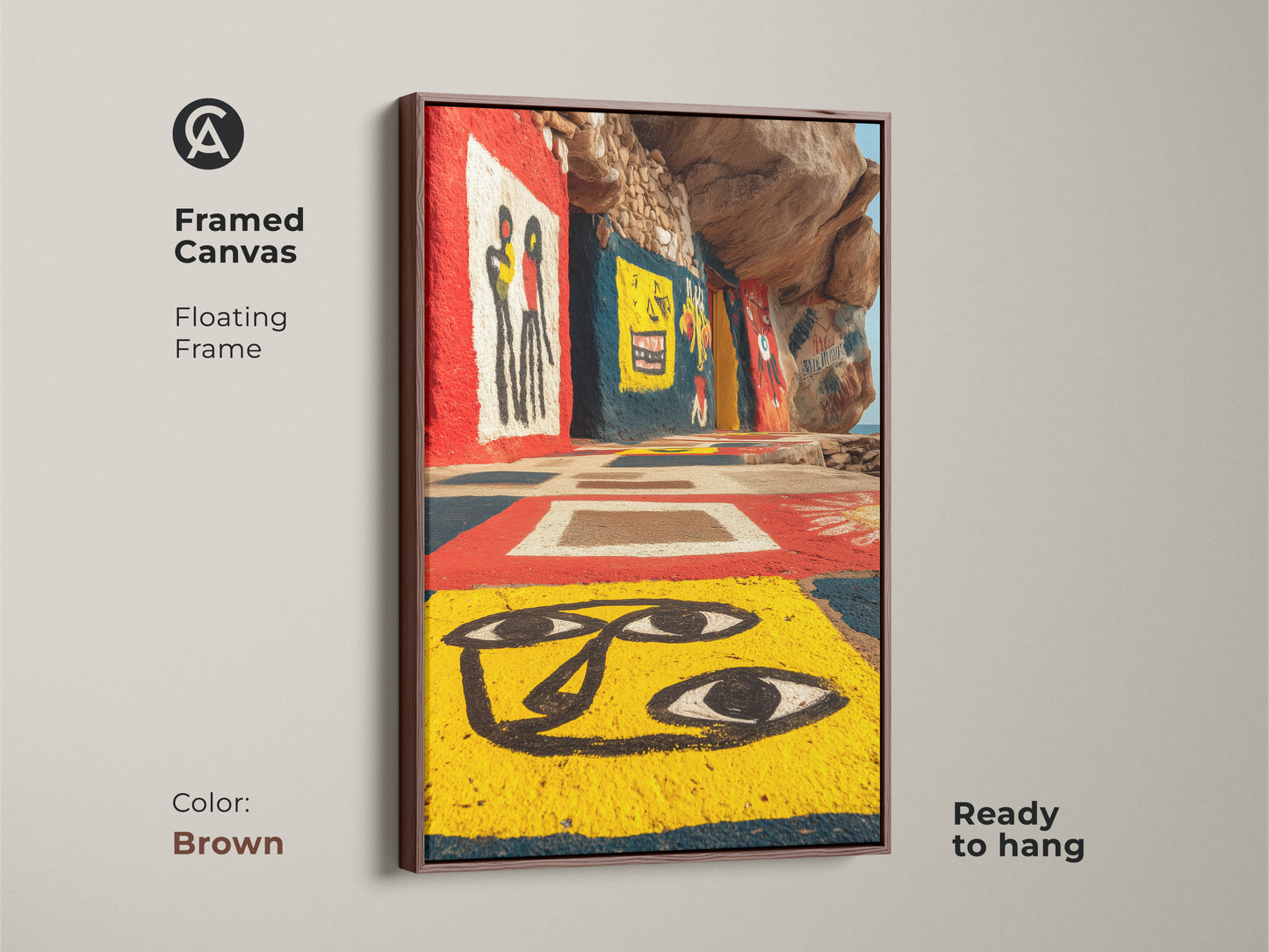 Elevate your decor with our art brut figurative print in a brown framed canvas. Showcasing yellow red blue artwork. This ready-to-hang canvas is ideal for eclectic home decor and outsider art lovers. A unique gift for those seeking bold color canvas art.