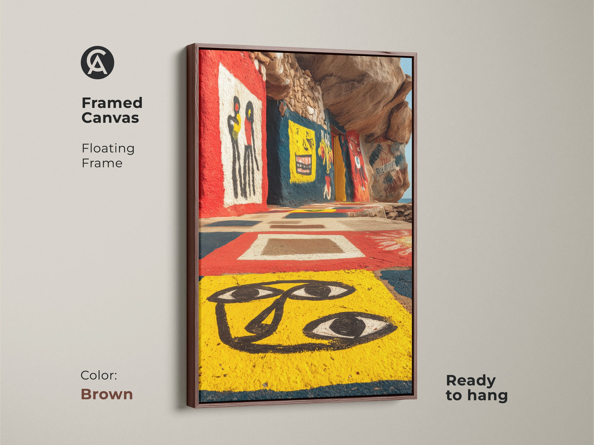 Elevate your decor with our art brut figurative print in a brown framed canvas. Showcasing yellow red blue artwork. This ready-to-hang canvas is ideal for eclectic home decor and outsider art lovers. A unique gift for those seeking bold color canvas art.