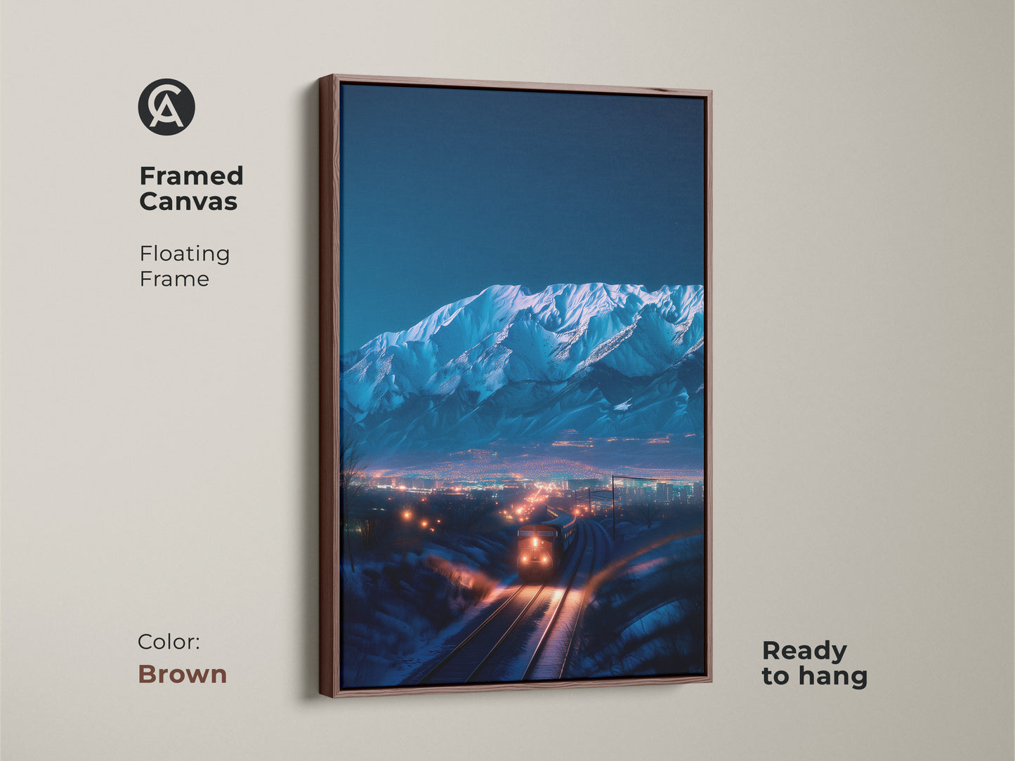 Framed canvas displays indigo mountains and train. A blue orange landscape is accented by a brown floating frame. The ready to hang contemporary art enhances rooms. It's perfect travel themed decor. A great gift for lovers of winter scenes.