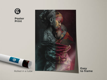 Discover our poster print featuring an African mother and child. This tribal fusion artwork arrives rolled in a tube ready to frame. The contemporary design blends red gold and teal hues. A cultural art piece perfect for any room. Frame this family artwork today.