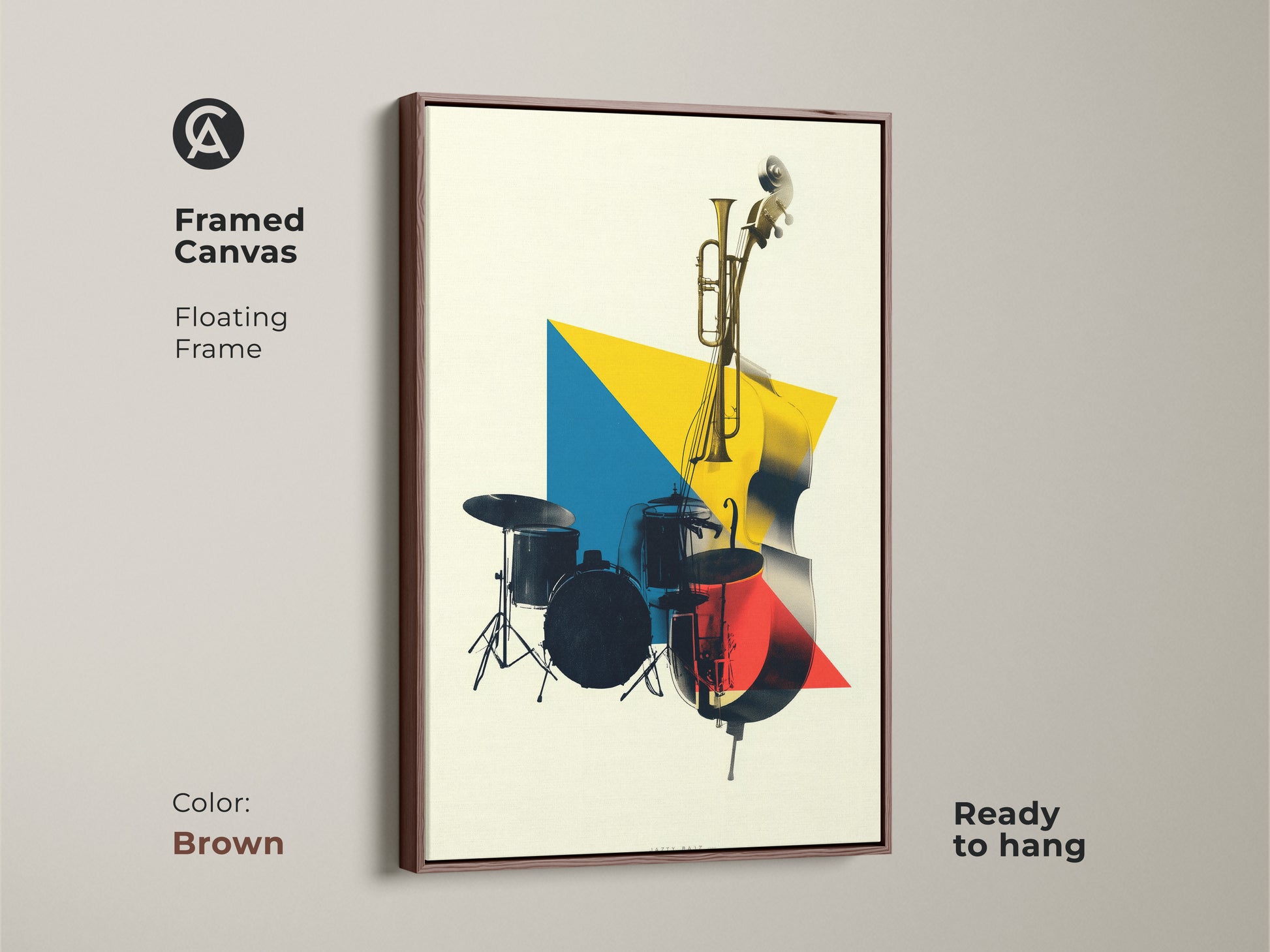 Brown framed canvas floating frame featuring geometric music art. Abstract yellow blue and red colors showcasing a double bass and trumpet. Ready to hang music artwork for studio or home.