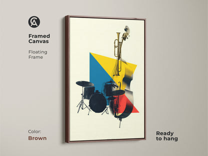 Brown framed canvas floating frame featuring geometric music art. Abstract yellow blue and red colors showcasing a double bass and trumpet. Ready to hang music artwork for studio or home.