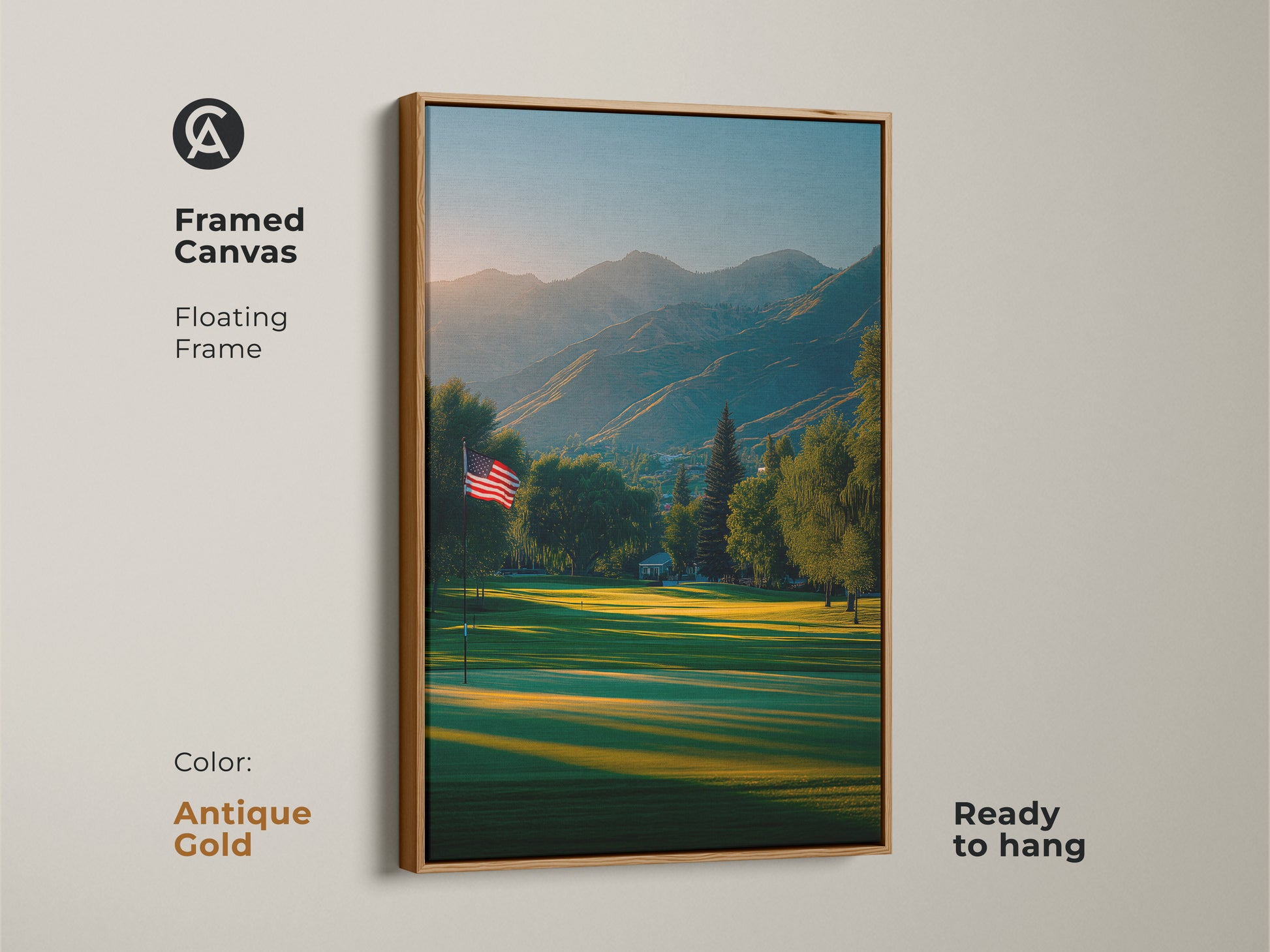 This antique gold framed canvas art shows a tranquil golf course. The American flag stands tall. The mountain view is breathtaking. Add sophistication to your walls with this art. Get ready to hang canvas art today.
