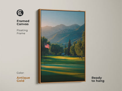 This antique gold framed canvas art shows a tranquil golf course. The American flag stands tall. The mountain view is breathtaking. Add sophistication to your walls with this art. Get ready to hang canvas art today.