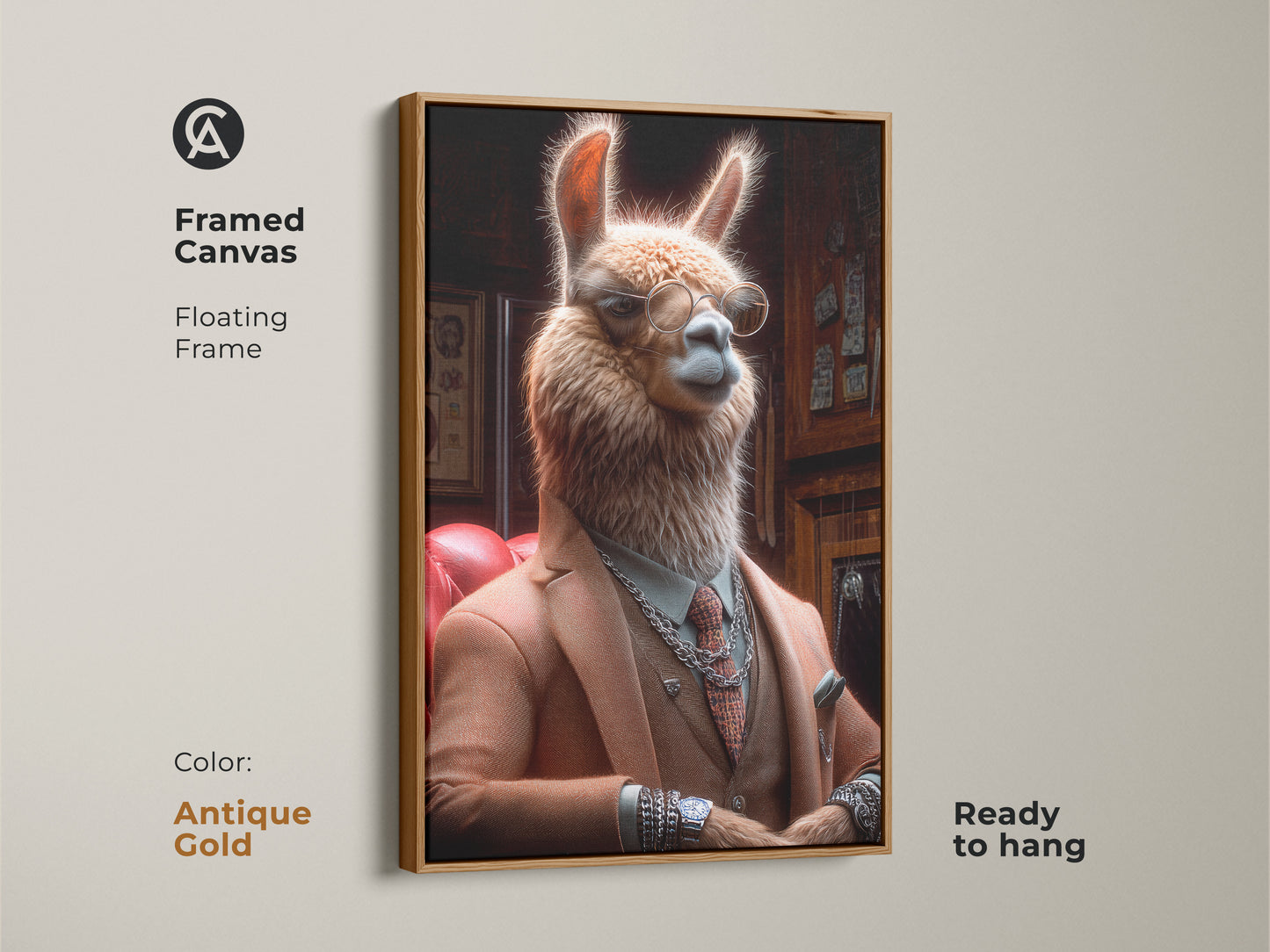 Framed canvas with an antique gold floating frame. Shows a llama in a suit. Adds a touch of vintage charm to your office. This animal portrait is ready to hang. A unique eclectic home art gift idea.