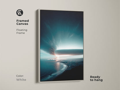 Framed Canvas displaying deep blue coastal cityscape artwork. The white floating frame offers a clean modern look. Captures a stormy ocean meeting an urban skyline under a dramatic sky. Ready to hang artwork for modern home decor.