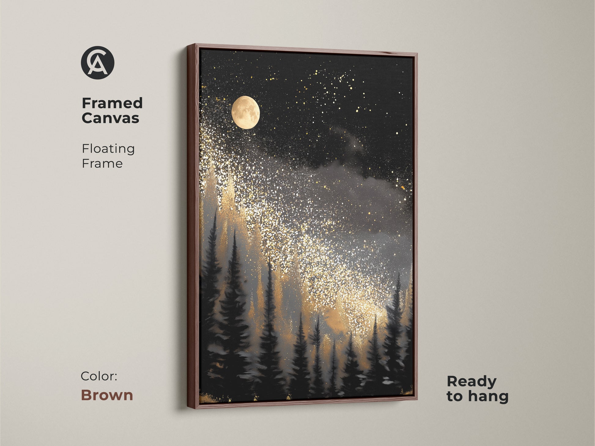 Explore the framed canvas showcasing abstract night sky art. The artwork has a brown floating frame. The black gold celestial decor is ideal for contemporary bedroom art. This piece is ready to hang.