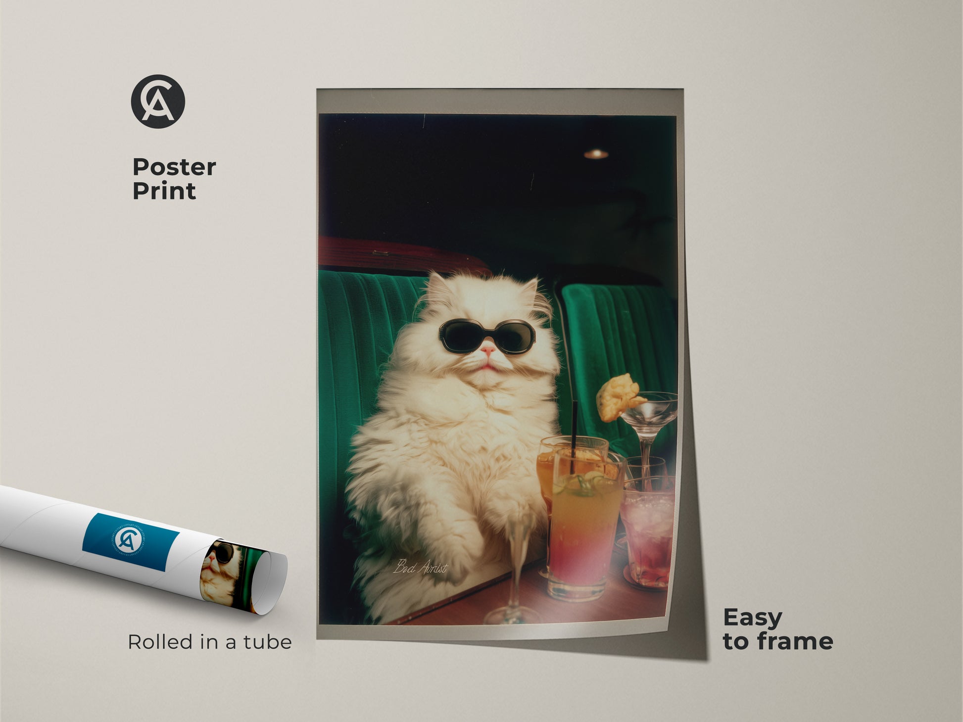 Poster print features a cool cat wearing sunglasses. This artwork is rolled in a tube for easy framing. The cat sits in a green booth with cocktails. A unique wall art piece to add character to any room.