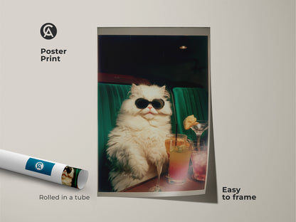 Poster print features a cool cat wearing sunglasses. This artwork is rolled in a tube for easy framing. The cat sits in a green booth with cocktails. A unique wall art piece to add character to any room.