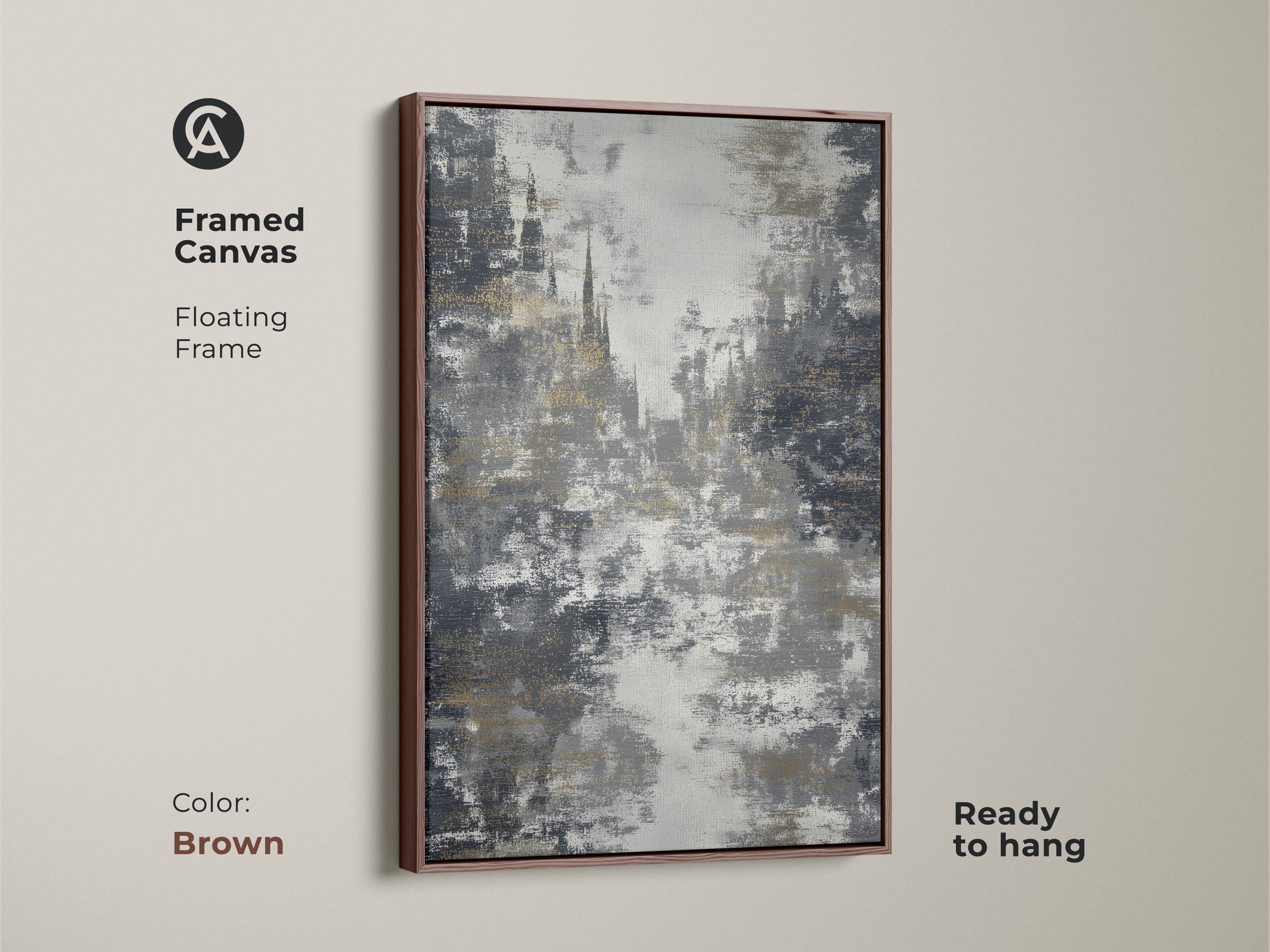 A brown frame enhances this charcoal gold wall art. The textured abstract print is ready to hang. Contemporary office decor with gothic architecture art shown here. The abstract city view adds a modern touch. This is a unique art piece for your home.