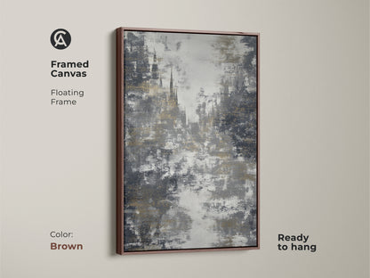 A brown frame enhances this charcoal gold wall art. The textured abstract print is ready to hang. Contemporary office decor with gothic architecture art shown here. The abstract city view adds a modern touch. This is a unique art piece for your home.