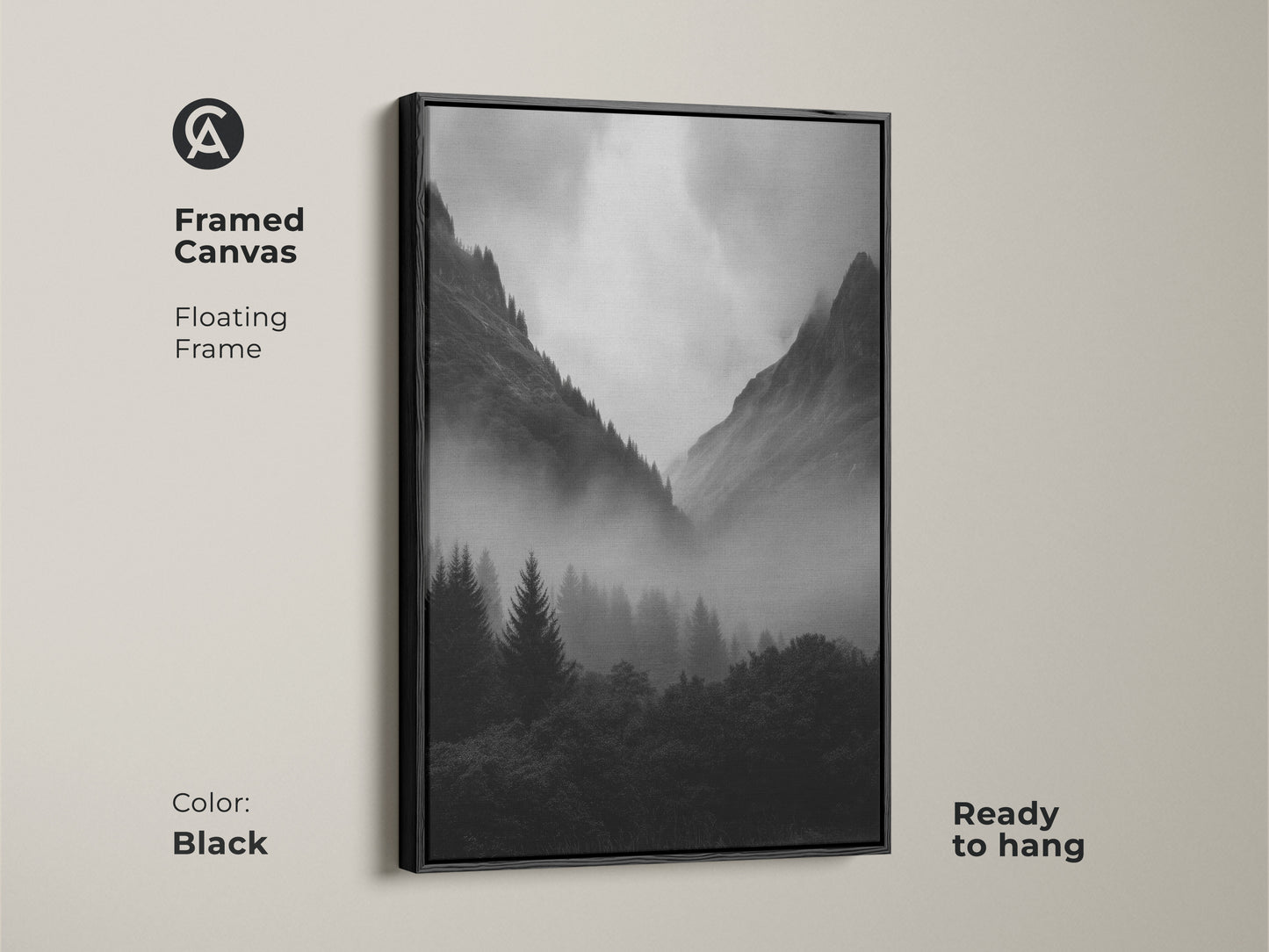 A framed canvas in black showcasing monochrome forest artwork. Black and white landscape art with a floating frame. Features misty pine trees and a modern nature wall decor. Ready to hang and adds a dramatic mountain scene.