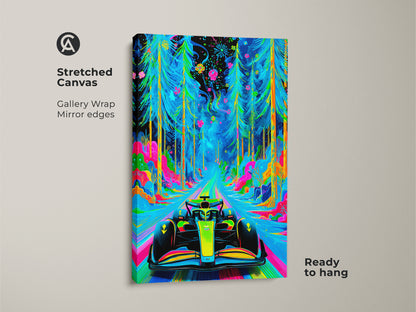Get ready to hang this stretched canvas F1 car artwork. The gallery wrap offers mirror edges. Neon colors pop in the abstract forest scene. This vibrant green and blue piece is perfect for car lovers. Elevate your office with F1 energy.
