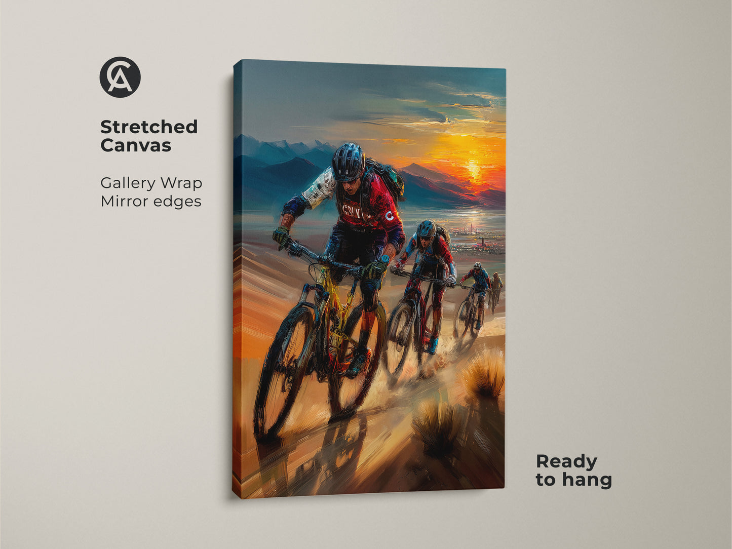A vertical stretched canvas print shows cyclists riding into the sunset. This mountain biking artwork has gallery wrapped mirrored edges. It arrives ready to hang. Warm earth tones and deep blues create a contemporary adventurous feel. Perfect wall art for cyclists and sports lovers adding an artistic focal point.