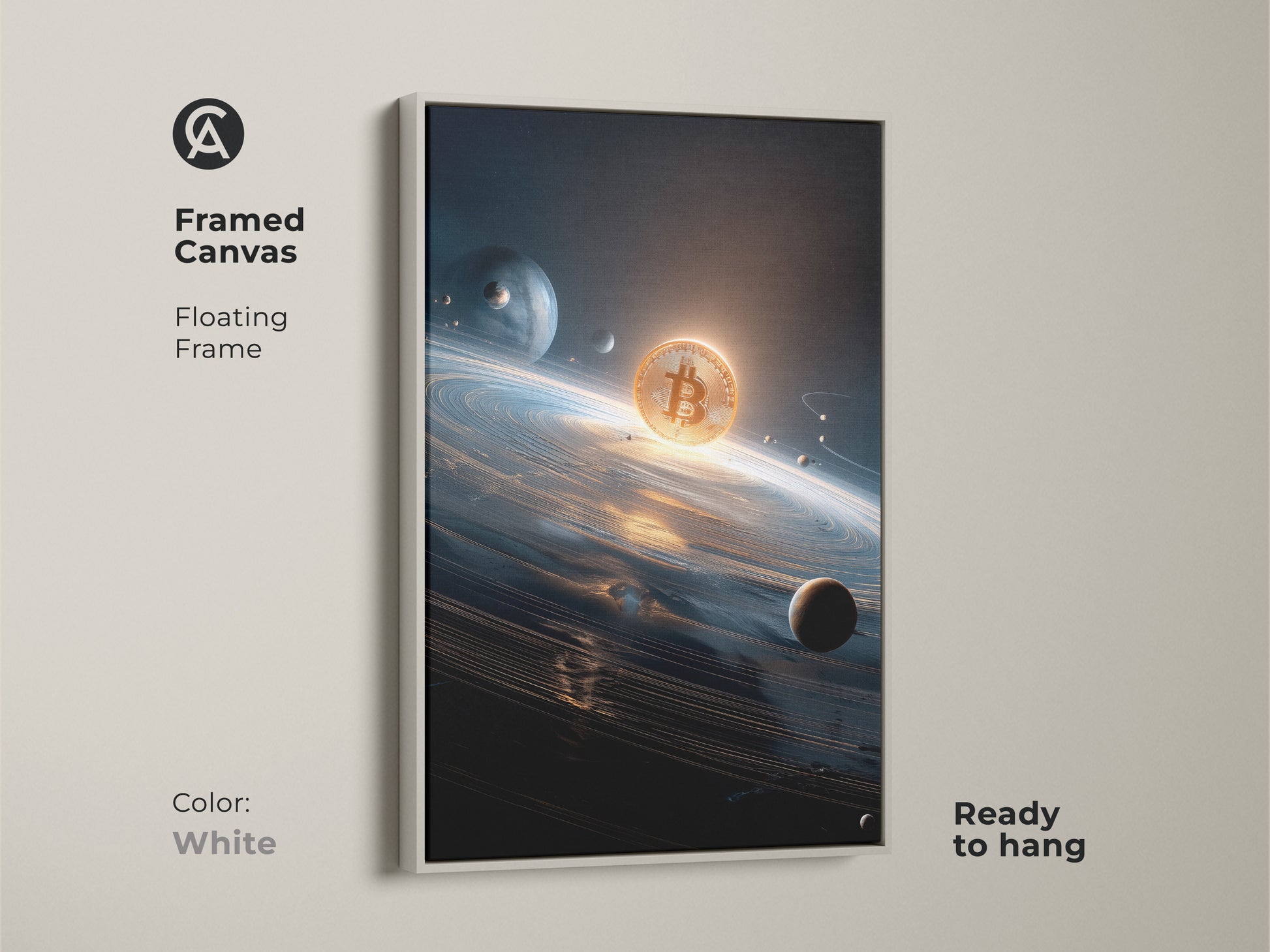 Bitcoin framed canvas art. This floating frame is white. The artwork shows a Bitcoin in space. Planets and stars surround the digital currency. Buy this Bitcoin art ready to hang.