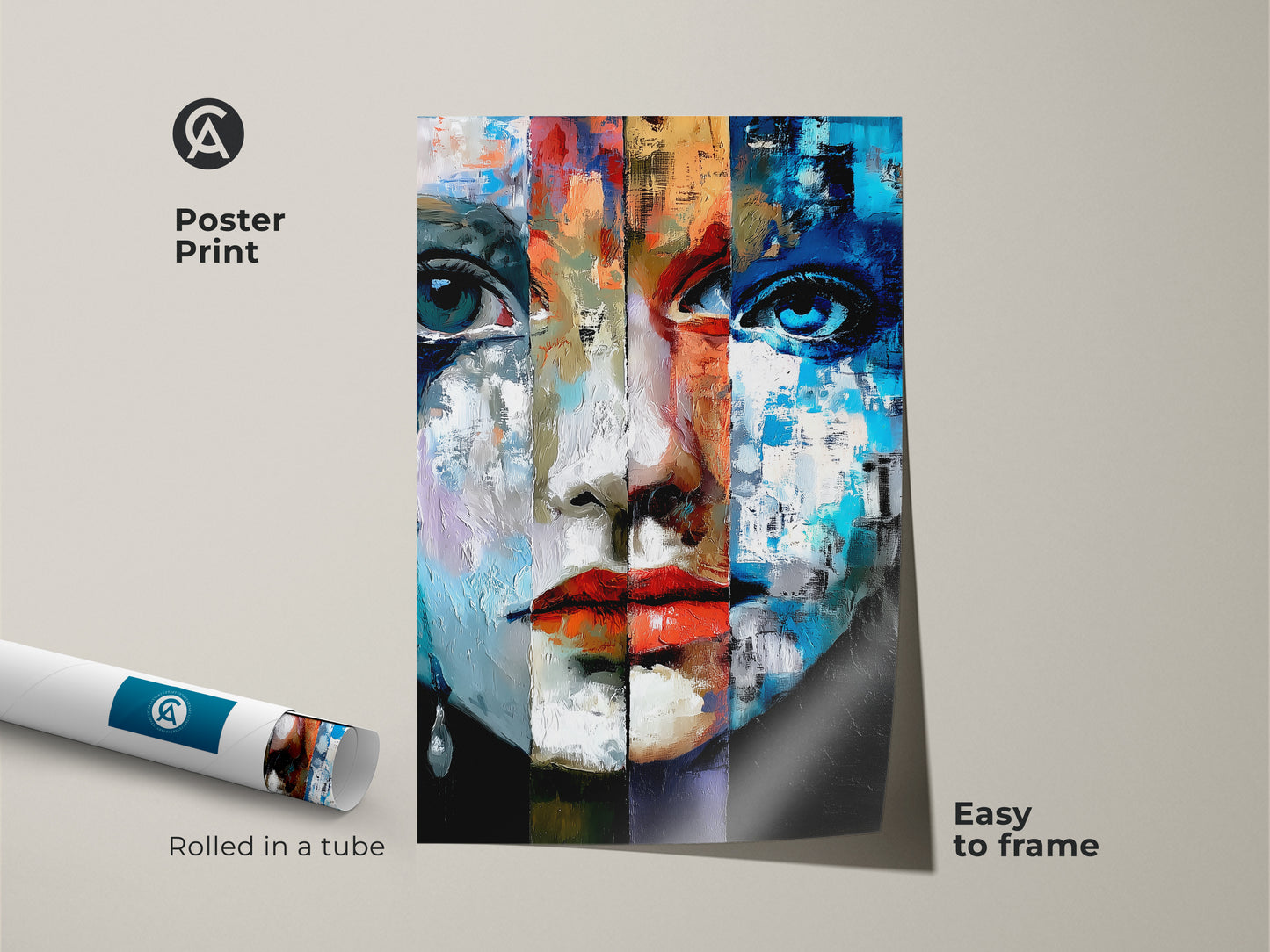 Poster Print showcasing an abstract woman's face with bold Expressionist strokes. Rolled in a tube for easy framing this blue red and orange wall art adds an eclectic accent to any room. Modern abstract painting wall decor.