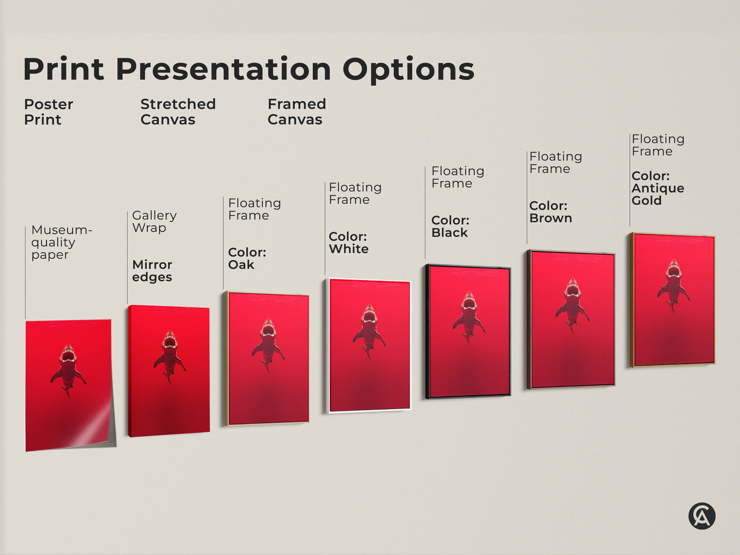 Print presentation options for crimson shark art. Options include poster prints stretched canvas and framed canvas. Frames include black brown antique gold and white. Choose the perfect style for your ocean predator artwork. Ideal for man caves or as a shark lover gift.