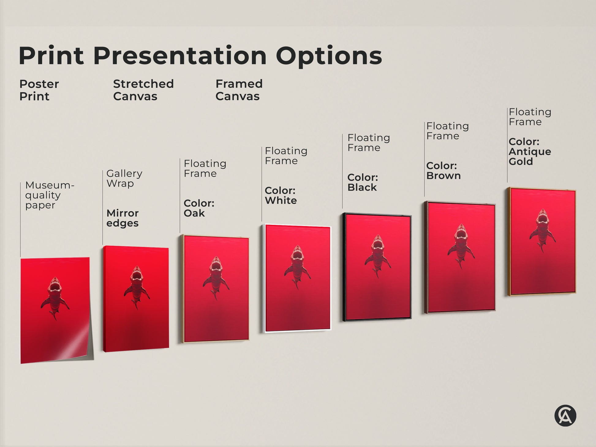Print presentation options for crimson shark art. Options include poster prints stretched canvas and framed canvas. Frames include black brown antique gold and white. Choose the perfect style for your ocean predator artwork. Ideal for man caves or as a shark lover gift.