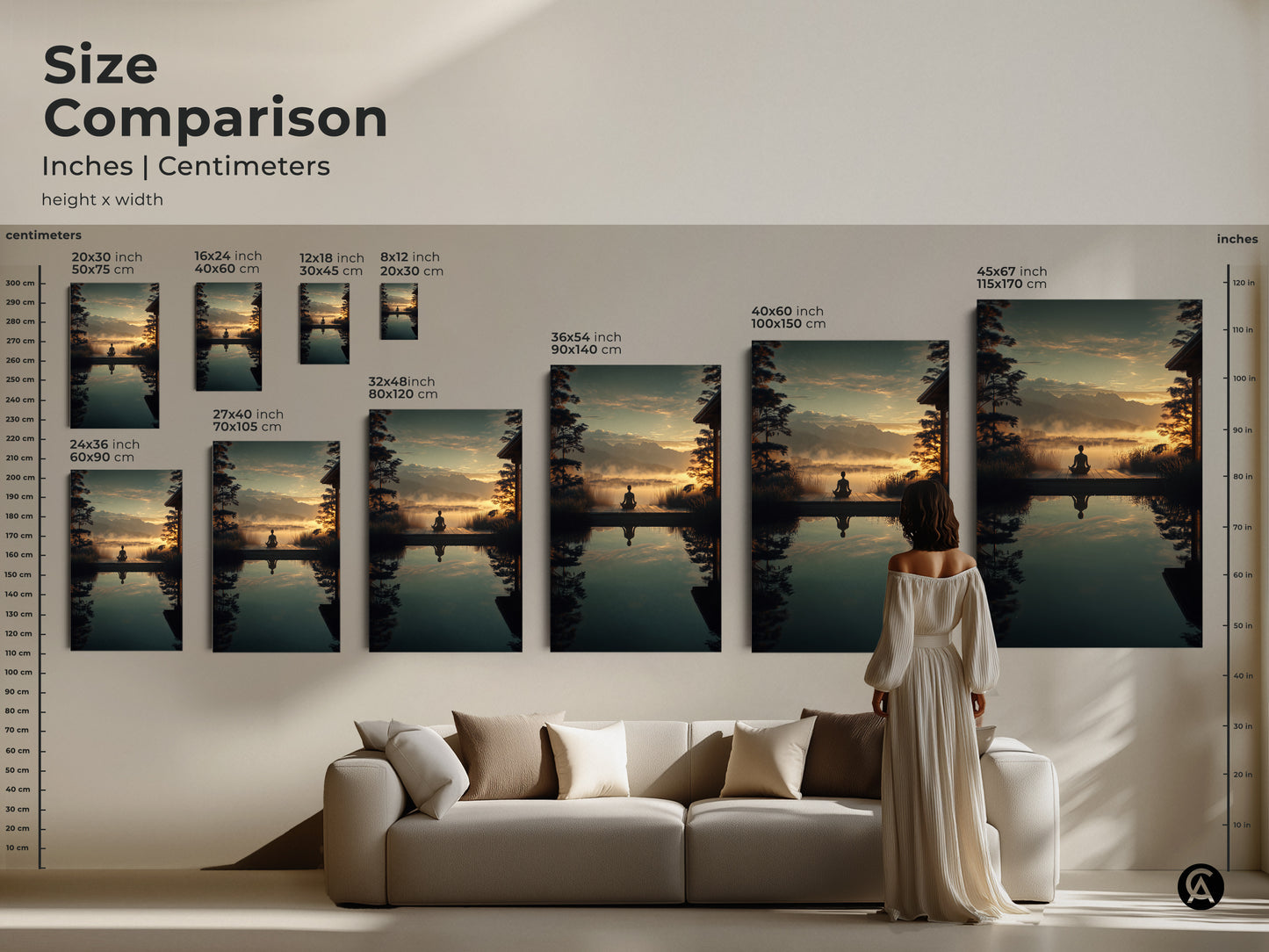 Size Comparison of Zen Mountain Landscape prints. See how various sizes fit above a couch. This yoga meditation artwork enhances your living room decor. Find the perfect scale for your spiritual nature art. Choose canvas or poster prints to match your Scandinavian aesthetic.